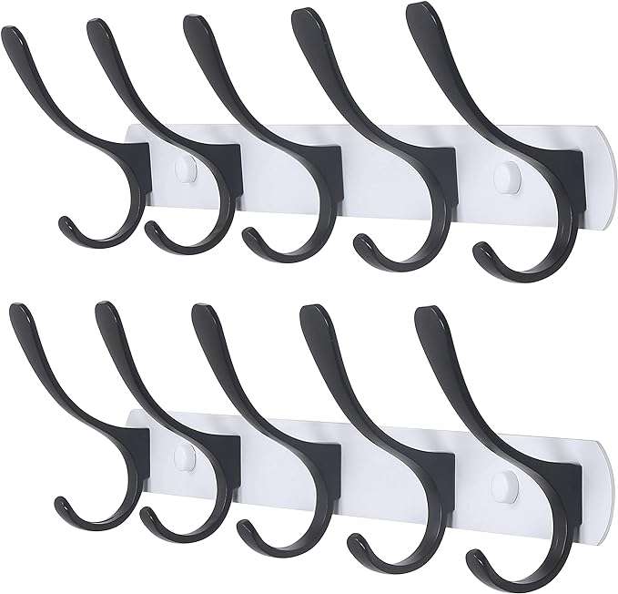 SKOLOO Modern Metal Wall Coat Rack with 5 Hooks, Pack of 2, Sturdy Wall Hook Rack Rail for Hanging Coat, Jacket, Clothes, Hat, Black on White