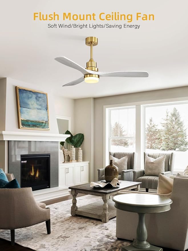 Sofucor Low Profile Ceiling Fan with Lights Remote Control 52 Inch Flush Mount Ceiling Fan Modern Wood Blade Fan for Bedroom Living Room Indoor Outdoor Farmhouse Patio, Grey Gold