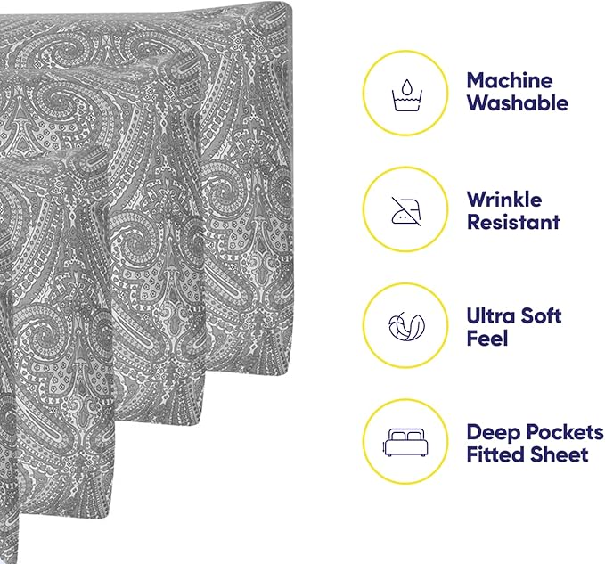 Queen Sheets Paisley Grey - 6 Piece 1500 Supreme Collection Fine Brushed Microfiber Deep Pocket Queen Sheet Set Bedding - 2 Extra Pillow Cases, Great Value, Queen, Paisley Gray