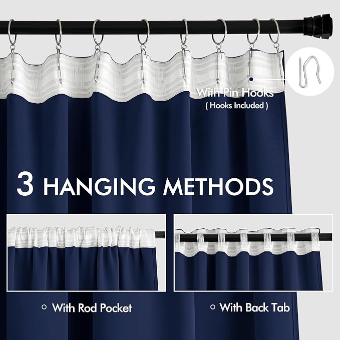 MIULEE Navy Blue Back Tab Blackout Curtains 52x96 Inch Long 2 Panels Set | Rod - Image 3