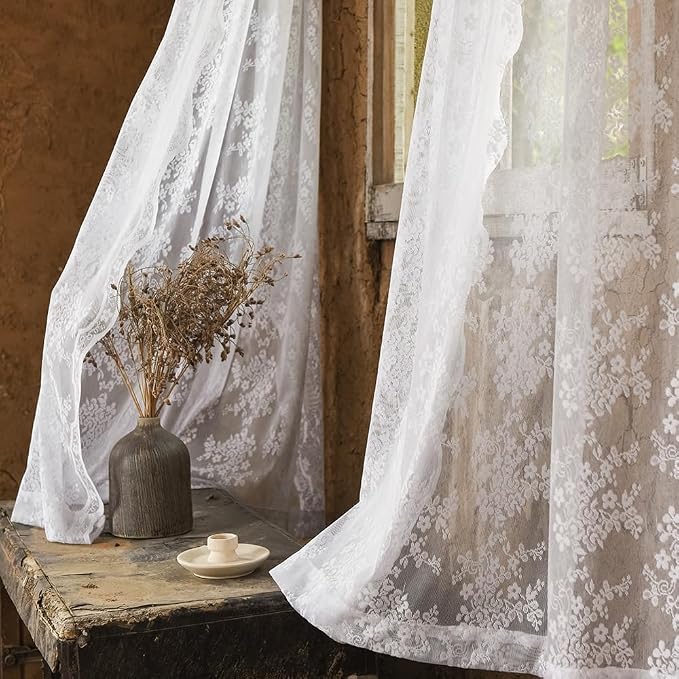 YJ YANJUN Vintage Lace Curtains 108 Inches Long-Victorian Floral White Sheer by YJYANJUN