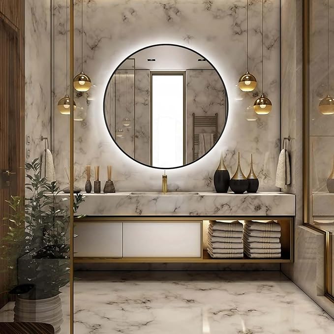 32" LED Backlit Bathroom Vanity Mirror, Wall Mounted Round Makeup Shaving Mirror with 45° Beveled Metal Frame Design, HD Waterproof&Explosion-Proof Smart Mirror, Memory Function, Black