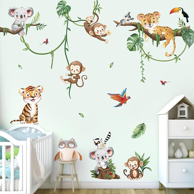 decalmile Jungle Animal Tree Branch Wall Decals Safari Animal Monkey Koala Wall Stickers Baby Nursery Kids Bedroom Living Room Wall Decor