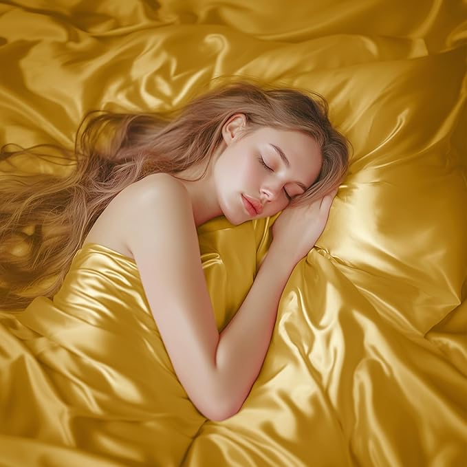 Love's cabin Full Size Satin Sheet Sets - 4 Piece Gold Silky Sheet Set with Deep Pocket, Luxury Silk Feel Satin Sheets Full Bedding Set (1 Flat Sheet,1 Fitted Sheet,2 Pillow Cases)