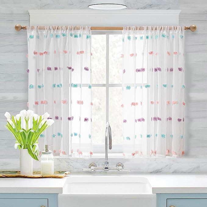 MYSKY HOME Short Curtains for Bedroom Rainbow Pom Pom White Sheer Curtains Living Room 54 Inches Long Curtains Nursery Boys Kids Room Kitchen Rod Pocket 2 Panels Boho Small Window 37" x 54"