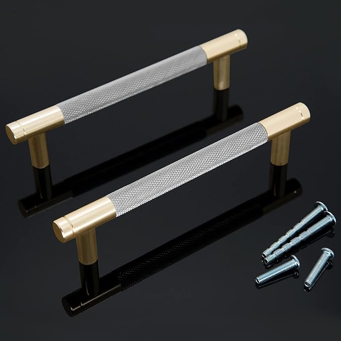 Knurled Cabinet Pulls 12 Pack, 6 Inch Long Cabinet Handles Metal Door Pulls, Kitchen Drawer Pull Knurled Dresser Handles - 5" Hole to Hole, Grey & Gold
