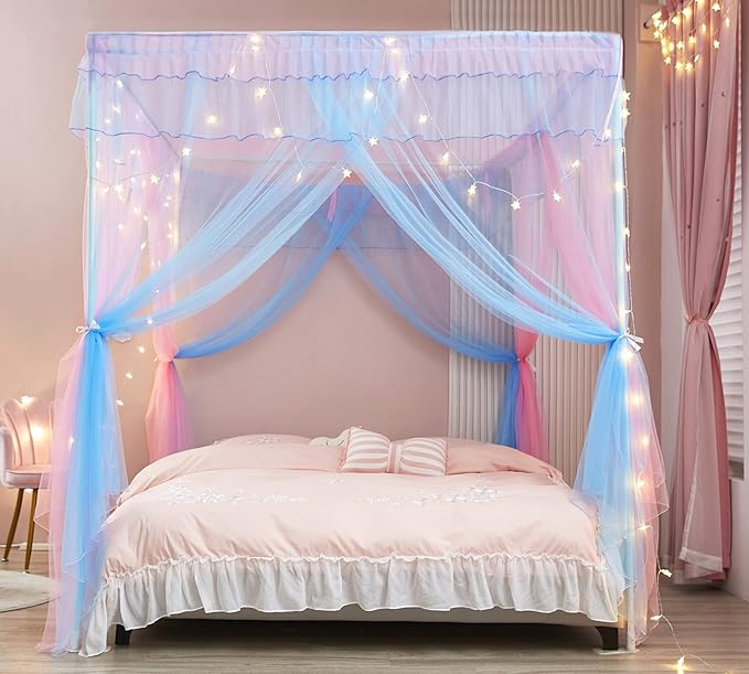 Mengersi Rainbow Canopy Bed Curtains with Lights - Princess Bed Canopy for Girls - Bed Drapes Netting- Bedroom Decoration Accessories,Twin