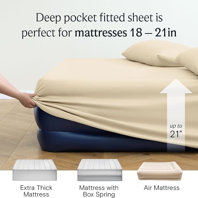 LuxClub 4 PC California King Size Sheet Set Deep Pockets Wrinkle Free Cooling Sheets Machine Washable Hotel Bedding Silky Soft - Cream California King