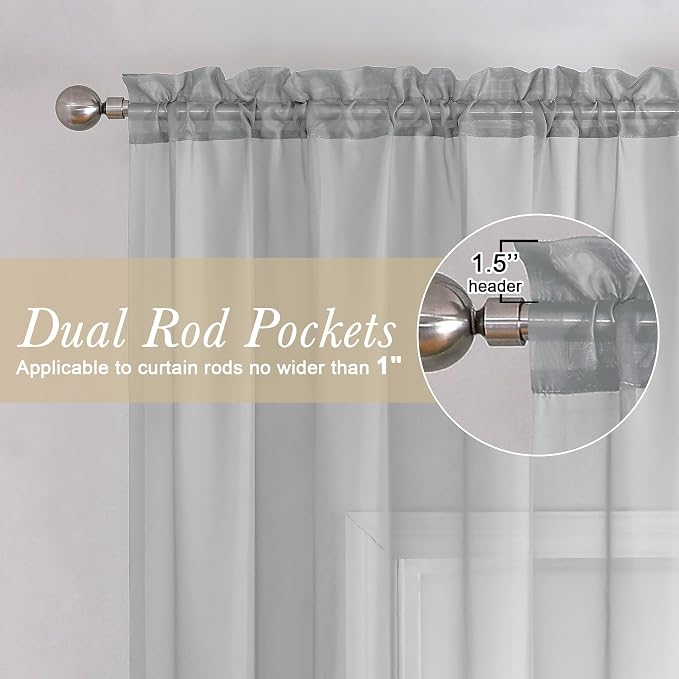 Living Room Light Grey Sheer Curtains 72 Inch Long 2 Panels, Lightweight Solid - Image 2