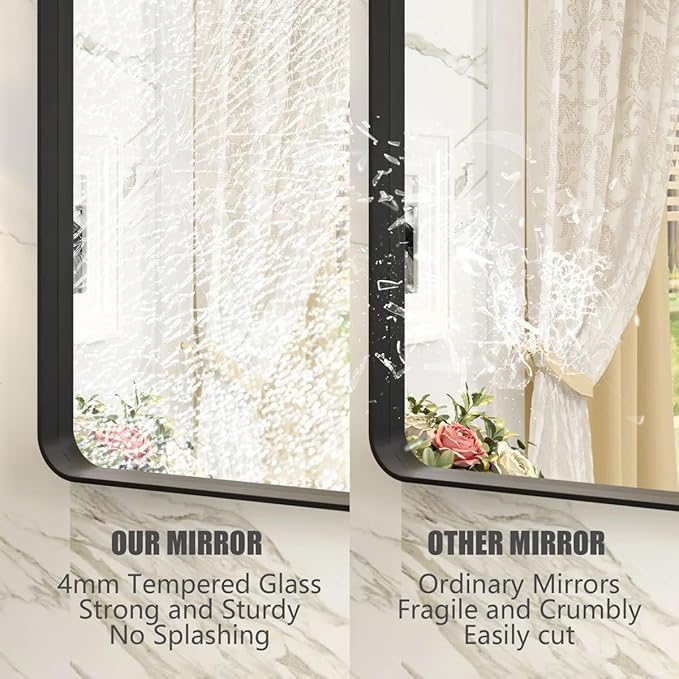 48x30 Inch Black Framed Mirror for Wall, Matte Black Bathroom Rectangle Mirror, Rounded Corner, Anti-Rust, Shatterproof (Horizontal/Vertical)