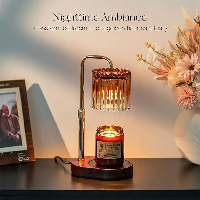 Candle Warmer Lamp with Timer: Amber Candle Warming Lamp with 2 Bulbs Height Adjustable Wax Melt Dimmable Bedroom Decor Christmas Gift for Women