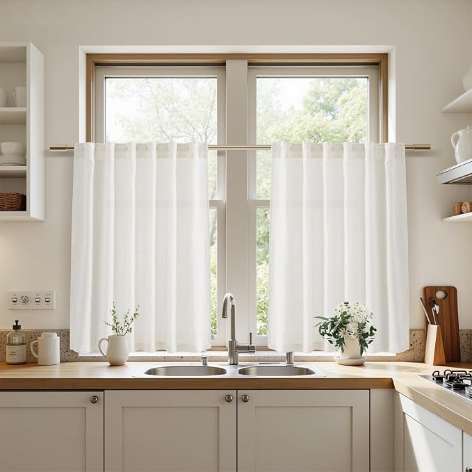 Beige White Kitchen Curtains 36 Inch Length, Linen Blend Small Cafe Curtain - Image 8