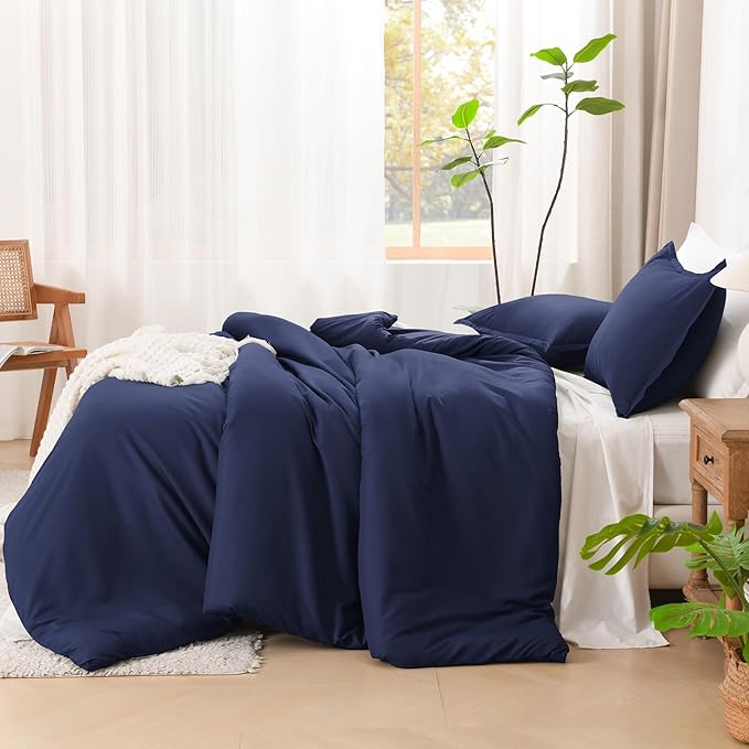 Litanika Navy Blue Comforter Set King Size, 3 Pieces Lightweight Solid Bedding Comforter Set, All Season Fluffy Bed Set (104x90In Comforter & 2 Pillowcases)