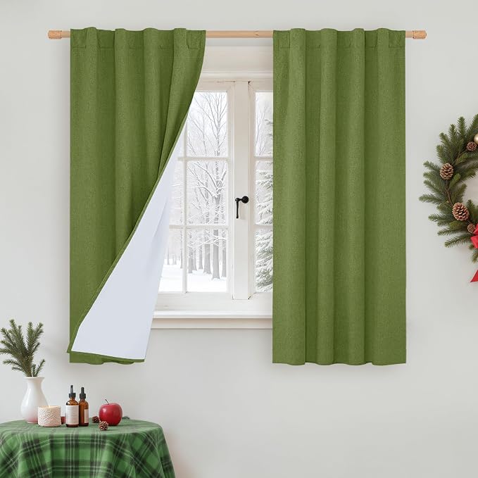 100% Blackout Linen Curtains for Bedroom 45 Inches Long 2 Panels | Sage Green by LAMIT