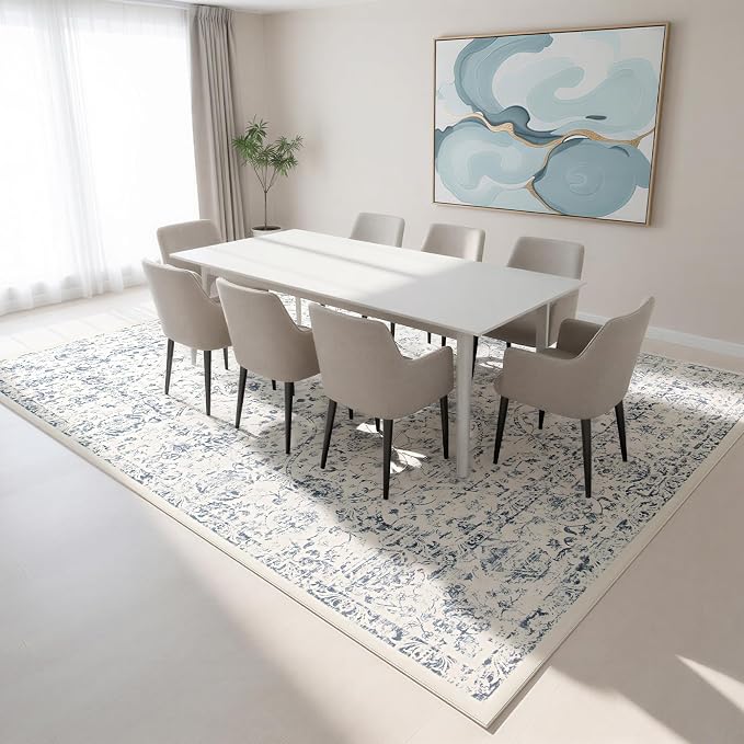 8x10 Boho Washable Area Rug for Living Room, Dining Room-White Blue | Ultra - Image 7