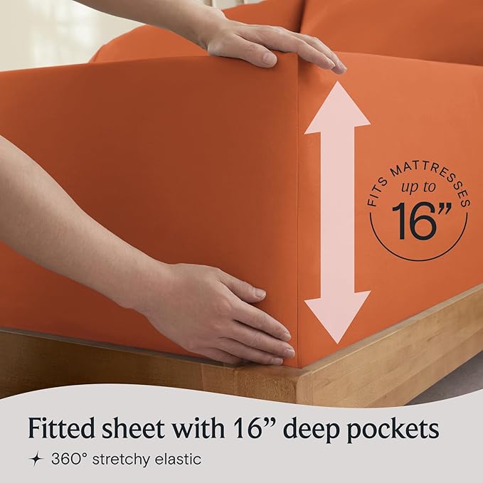 LuxClub 4 PC California King Size Sheet Set Deep Pockets Wrinkle Free Cooling Sheets Machine Washable Hotel Bedding Silky Soft - Autumn Orange California King