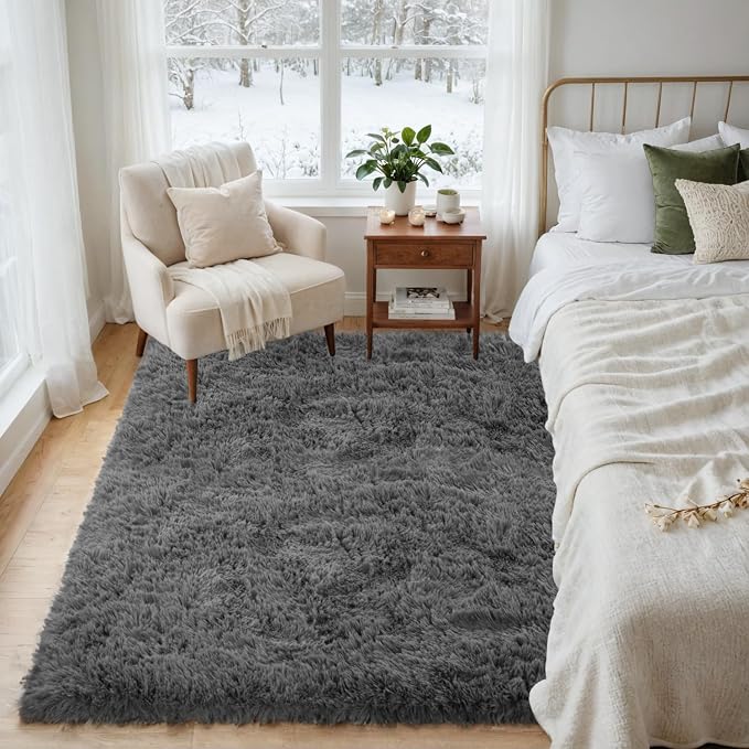 4x6 Fluffy Shag Area Rugs for Living Room Bedroom: Soft Plush Carpet Grey | - Image 9