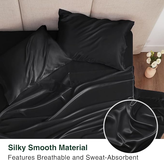 Love's cabin Twin XL Satin Sheet Sets - 3 Piece Black Silky Bed Sheets with Deep Pockets, Luxury Silk Feel Satin Sheet Set Twin XL (1 Flat Sheet,1 Fitted Sheet,1 Pillow case)