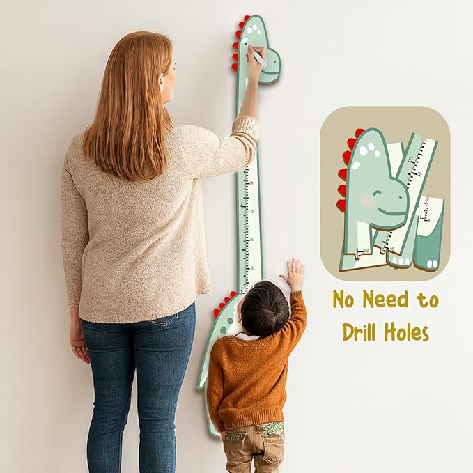 Personalized Growth Chart for Wall, Wooden Height Chart for Kids, Cute Height Measurement for Child/Girls/Boys, Baby and Toddler's Playroom/Kid's Room/Nursery Decor, Dinosaur
