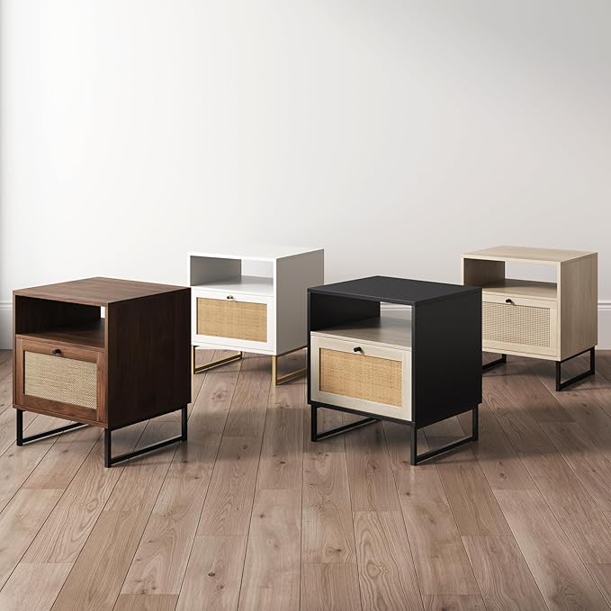 Nathan James Mina Rattan Wood End Side Accent Table Nightstand with Storage for Living Room or Bedroom, 1, White/Gold
