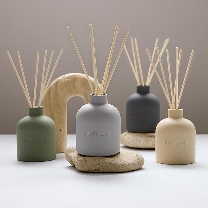 Craft & Kin Christmas Reed Diffuser for Home & Bathroom – Rose & Oud Holiday Reed Diffuser Set with Fragrance Sticks, Long-Lasting Alcohol-Free Scent, Earthenware Collection, 6.7oz