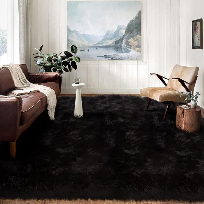 Latepis Area Rugs 12x12 Black Fuzzy Washable Rugs Faux Sheepskin Fur Rug by Latepis