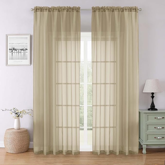 Taupe Sheer Curtains 90 Inches Long 2 Panels Set, Living Room Curtains by Lecloud