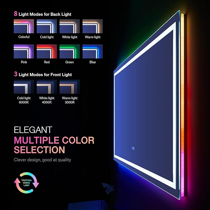 LOAAO 55”X36“ RGB LED Bathroom Mirror with Lights, Large, Anti-Fog, Dimmable Smart Lighted Bathroom Vanity Mirror, Multiple Light Modes, RGB Backlit + Front Light, Memory Function, Tempered Glass