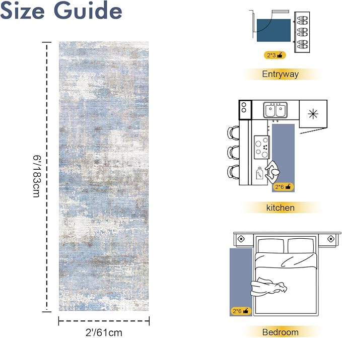 2x6 Ft Washable Runner Rug, Non-Slip Low Pile Hallway Kitchen Area Rug - Image 2