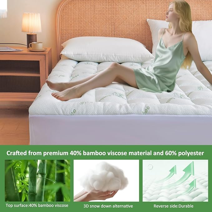 Bioeartha Cooling Mattress Topper California King – Extra Soft Pillow Top Mattress Pad, Breathable Viscose Made from Bamboo Mattress Protector for Back Pain Relief, Deep Pocket Cover Fits 8–21 Inch