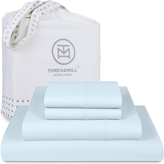 Threadmill Luxury 800 Thread Count Full Size 100% Cotton Sheets - Light Blue Sateen Weave Bed-Sheets, Better Than Egyptian Cotton, 4 Pc Solid Bedding Set, Fits 16" Deep Pocket