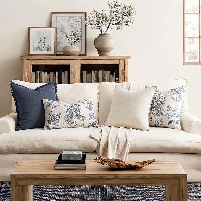 Set of 2 Lumbar Floral Pillow Covers 12x20 Inch Light Blue | Decorative Neutral - Image 3