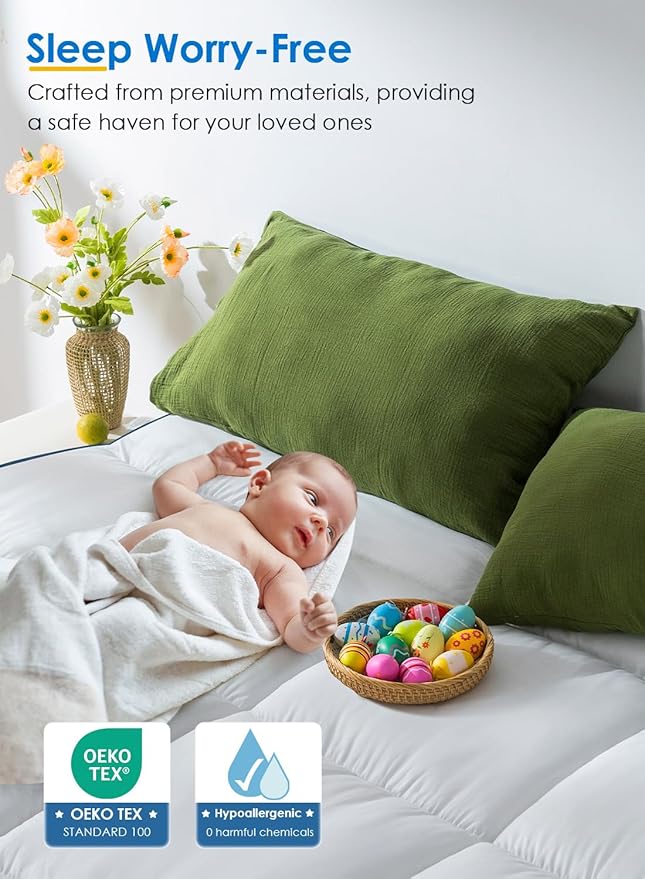 QUEEN ROSE Mattress Topper Queen, Pillow Top Extra Thick Mattress Bed Cover Topper, Soft Baffle Box Overfilled Down Alternative for Back Pain, 4 Corner Straps, White