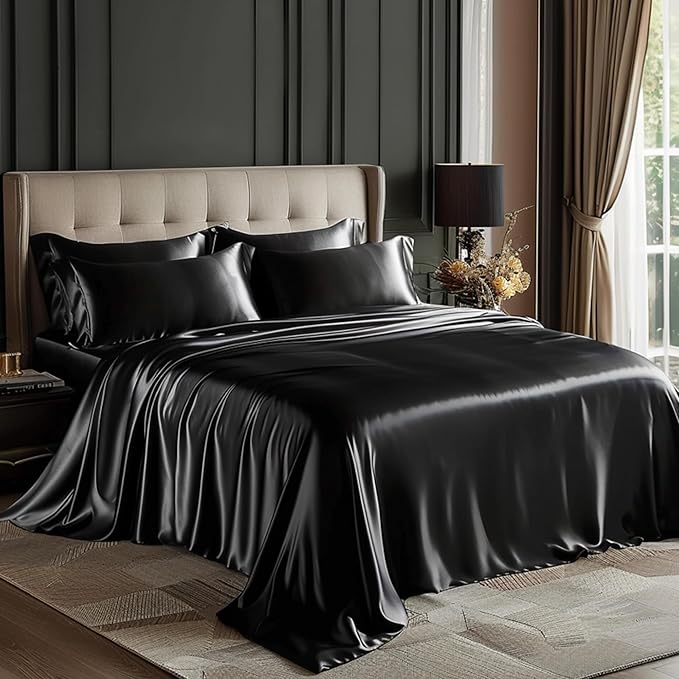 Love's cabin California King Satin Sheet Sets - 4 Piece Black Silky Sheets Bed Set with Deep Pocket, Luxury Silk Feel Satin Cal King Sheet Set (1 Flat Sheet,1 Fitted Sheet,2 Pillow Cases)