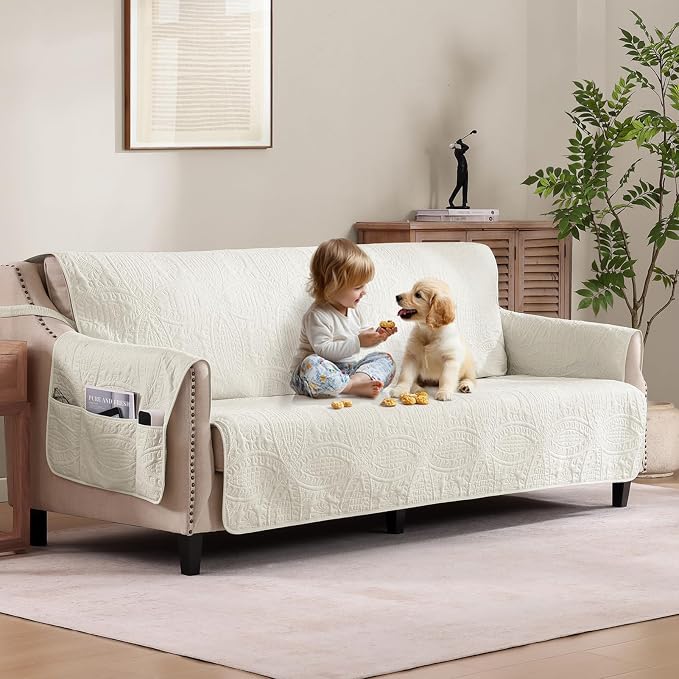Quilted Sofa Slipcovers with Pockets, Anti-Slip Medallion Designed Couch Covers by Pamhaven