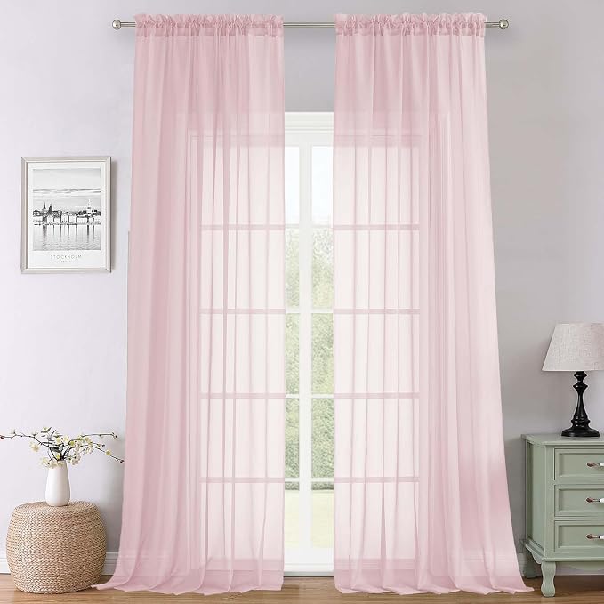 Blush Pink Sheer Curtains 120 Inches Long 2 Pcs, Rod Pockets Voile Living Room by Lecloud