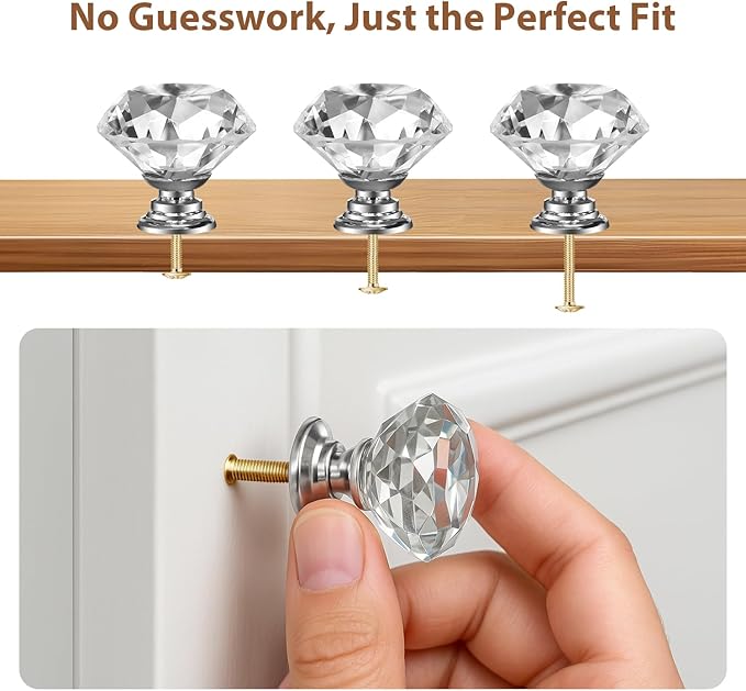 DEELF 24 Packs Kitchen Cabinet Knobs, 40 mm Crystal Cabinet Knobs, Diamond Dresser Handle Drawer Pulls, Dresser Knobs for Cabinets and Drawers, Silver Base