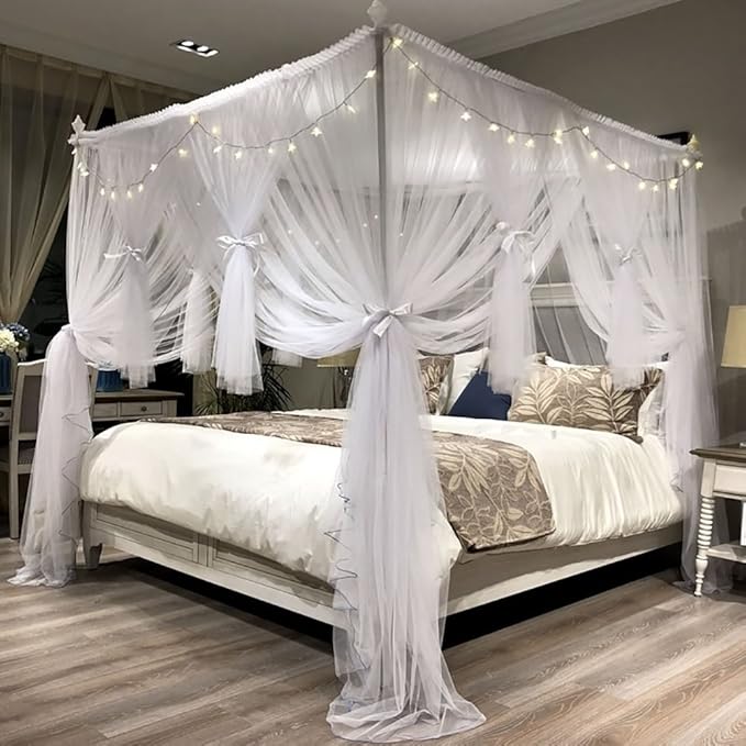 Joyreap 4 Corners Post Canopy Bed Curtain for Girls & Adults - Royal Luxurious Cozy Drapes - Cute Princess Bedroom Decoration Accessories (White, Full/Queen)