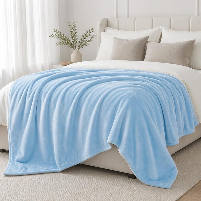 Light Blue Fleece Plush Throw Blanket 108"x90"for Couch Fuzzy Cozy Flannel | - Image 2