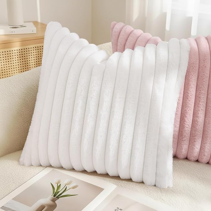 decorUhome Fall Faux Fur Throw Pillow Covers 16x16 Set of 2 White | Decorative - Image 4