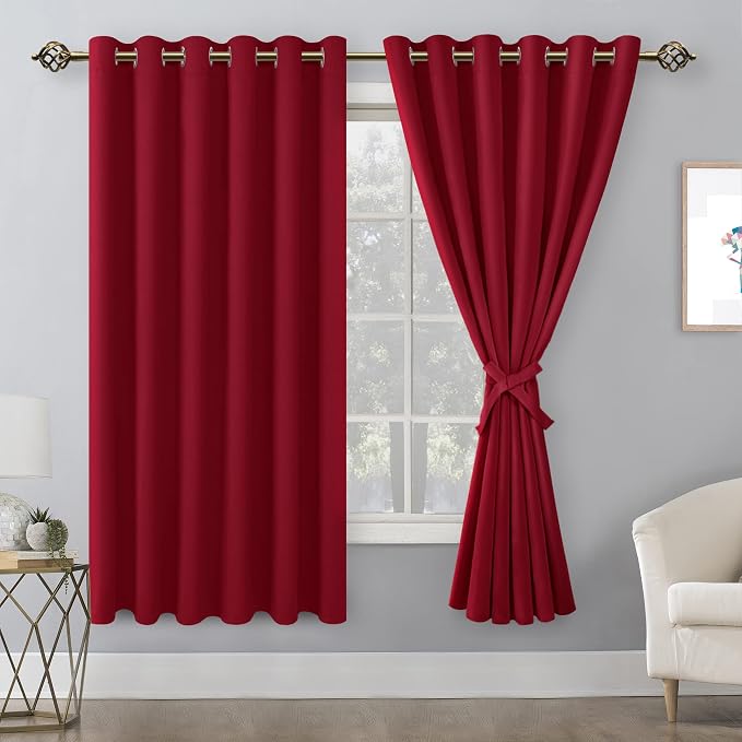 Grommet Blackout Curtains for Bedroom, 70 x 63 Inches Christmas Red | Thermal by Hiasan