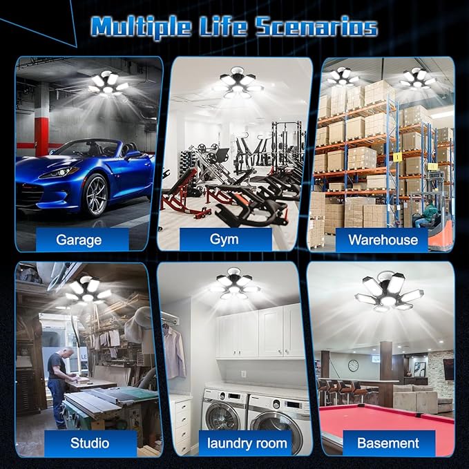 Garage Light Bulbs - Garage Lights Led Screw into Bulb Socket with 6 Deformable Panels 6500K Basement Light Fixture E26 Base Led Shop Lights for Basement Workshop Warehouse Attic - 4Pack