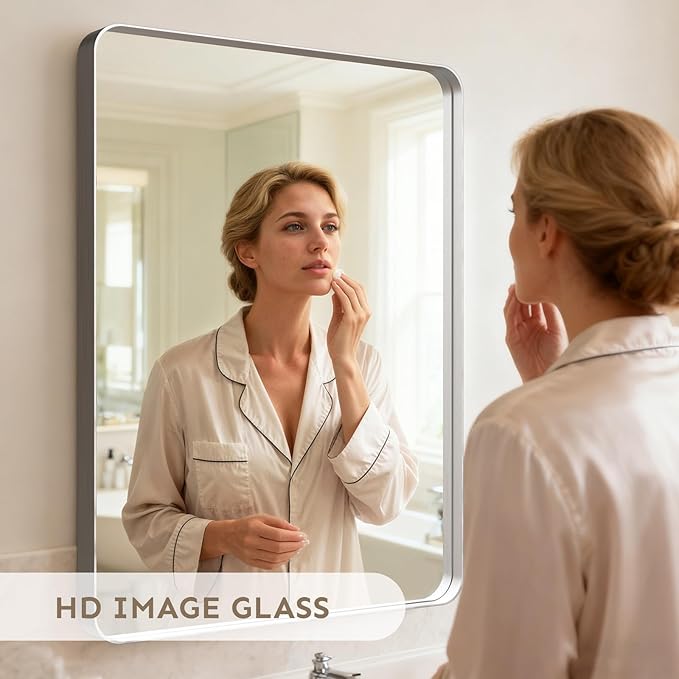 32x24"Bathroom Vanity Mirror for Wall, Aluminum Framed, Farmhouse Rectangle, Anti-Rust, HD Reflection Anti-Desilvering, Distortion Free, Tempered and Shatter-Proof Wall Mounted Mirror, Silver