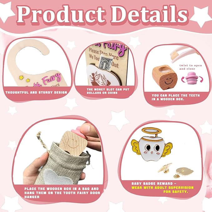 4Pcs Tooth Fairy Door Holder - Wooden Door Hanger Gift Set with Keepsake Box and Bag & Reward Badge, Gifts and Bedroom Decorations Suitable for Lost Teeth Girls and Boys