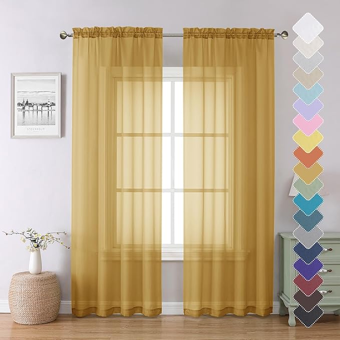 Gold Sheer Curtains 84 Inches Long 2 Panels, Light Filtering Airy Voile Window by Lecloud