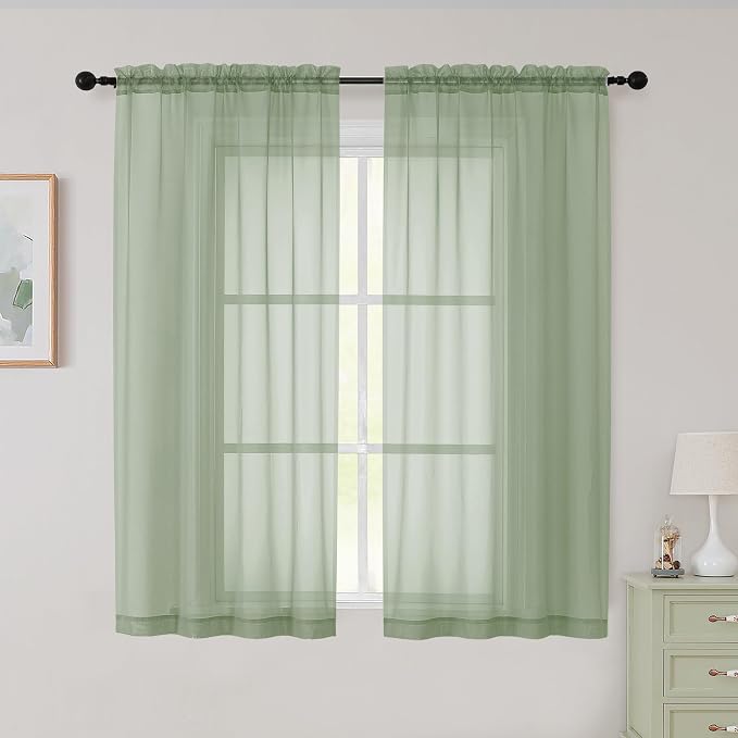 Sheer Sage Green Curtains for Bedroom Living Room 54 Inch Length 2 Panels Set by WelvetBLK