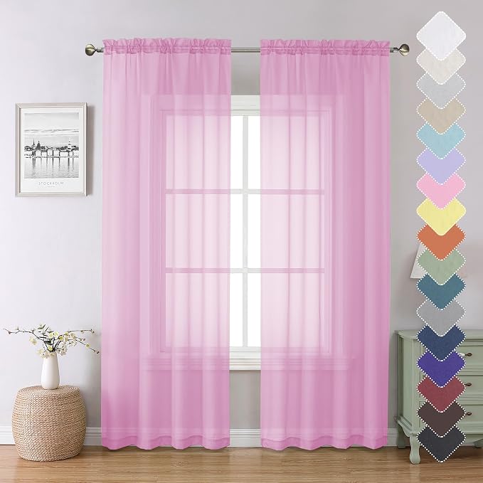 Light Pink Sheer Curtains 84 Inches Long 2 Panels Set, Dual Rod Pocket Light by Lecloud