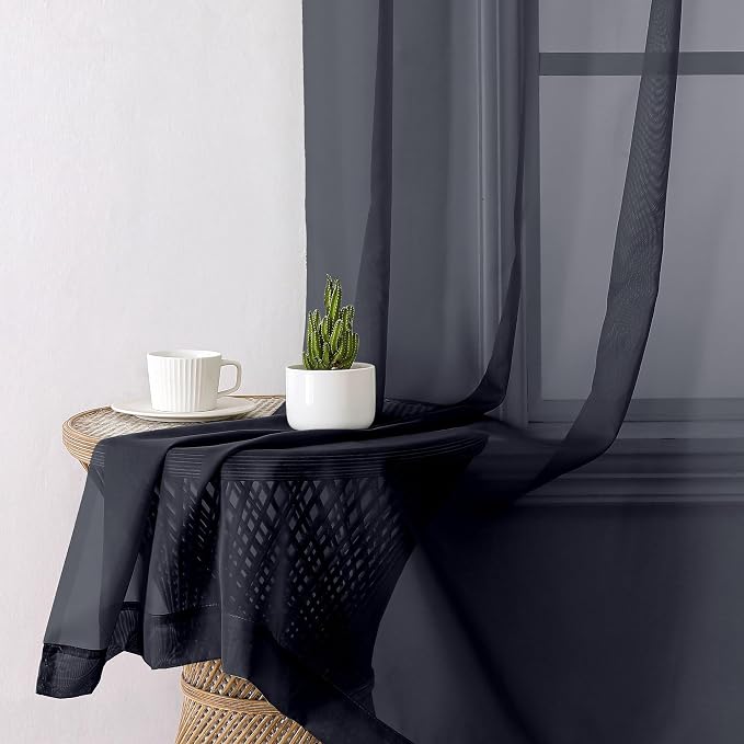 Black Sheer Curtains 48 Inch Length 2 Pcs, Light Filtering Bedroom Curtains - Image 9