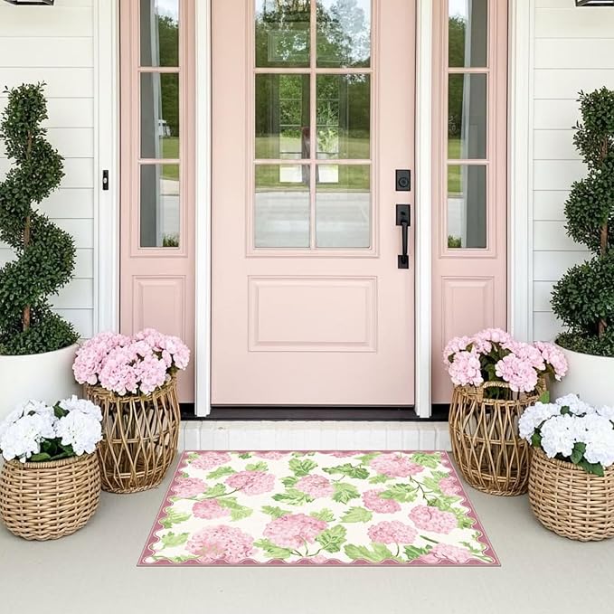 Front Door Mat Outside Entrance, 2x3 Pink White Floral Entryway Rug | Non-Slip - Image 4