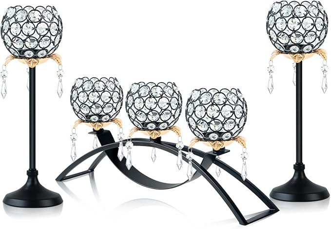 Set of 3 Gold Crystal Tea Light Candlestick Holders Flower Shape with Crystal Pendant Bowl Votive Metal Candle Holder for Table Centerpieces Wedding Home Decor (Set of 3, Black+Gold)